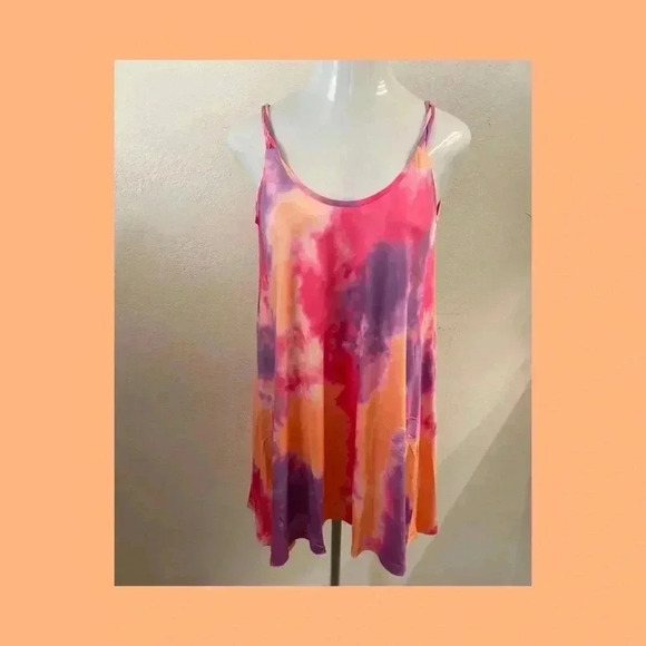 🆕Pink Colorful Tie Dye Trendy U Neck Swing Mini Dress S🆕 - Picture 2 of 5